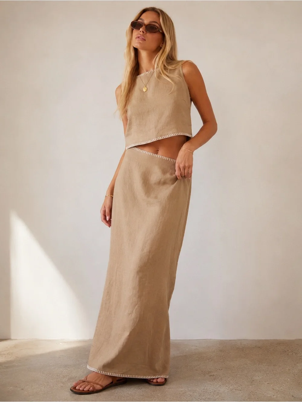 Petal & Pup Odette Linen Maxi Skirt Camel Tan XS NWT 100% Linen Contrast Stitch